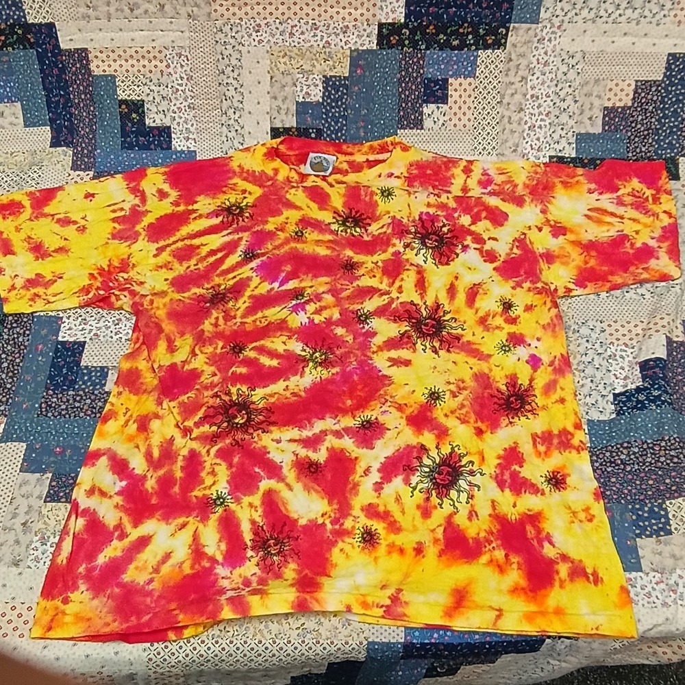 Vintage Eye Dye‎ Hand Crafted Tie Dye Shirt Size XL Orange Trippy Sun Face Rave